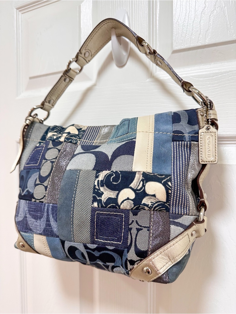 Coach Carly Small Denim Patchwork Hobo Shoulder Bag Blue Multi Vintage Y2K - Picture 4 of 17